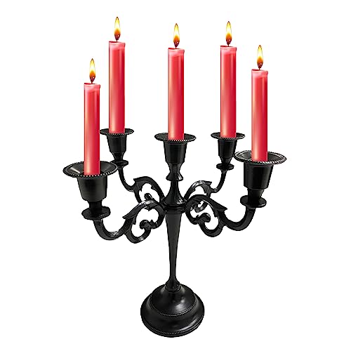 Rely+ 5 Arm Candelabra - 10 Inch Tall Matte Black Taper Candle Holders - Elegant Candle Stands and Candlesticks Holders for Home Decor, Wedding, Parties, Dining Table Centerpiece - Fits 3/4-Inch -