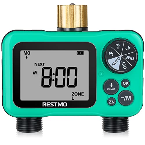 RESTMO 2-Outlet Sprinkler Timer with 3 Separate Programs, Interval or 7-Day Week Programmable Hose Timer, 2 Zone Water Timer with Pure Brass Inlet, Ideal for Garden, Lawn and Control Drip Irrigation