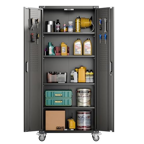 Aobabo Upgraded 72' H Garage Storage Cabinet with Wheels, Lockable Garage Cabinets with Round Hole Door Pegboard,Metal Storage Cabinet with 2 Doors and 4 Adjustable Shelves,Assembly Required, Black