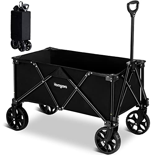 Homgava Collapsible Folding Wagon Cart, Portable Large Capacity Utility Wagon, All Terrain Foldable Wagon, Heavy Duty Wagon Cart for Grocery Outdoor Beach Gardening Shopping Black