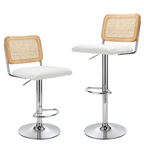 Finnhomy Modern Rattan Bar Stools Set of 2 - Natural Woven Design, Swivel Seat, Footrest, and Cane Backrest, Height Adjustable Bar Chairs for Kitchen Counter and Dining Room, Velvet White