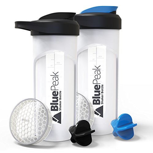 BluePeak Protein Shaker Bottle 28 oz with Dual Mixing Technology, Strong Loop Top, BPA Free, Shaker Balls & Mixing Grids Included - On-The-Go Large Protein Shakers (2 Pack - Blue & Black)