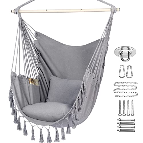 Y- STOP Hammock Chair Hanging Rope Swing, Max 500 Lbs, 2 Cushions Included, Large Macrame Hanging Chair with Pocket for Superior Comfort, with Hardware Kit (Light Grey)