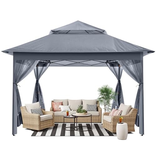 Winkalon 13'x 13' Pop Up Gazebo with Mosquito Netting, Outdoor Gazebo Waterproof Canopy Tent with Double Roof Tops and 169 Square Feet of Shade for Patio, Group Gatherings, Camping Shelter (Grey)