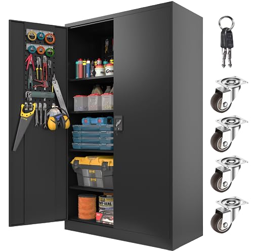 Metal Storage Cabinet - Upgraded Tall & Wide Lockable Garage Cabinet with Pegboard in Doors | Heavy-Duty Steel Cabinet with Doors & 4 Adjustable Shelves for Home, Office, Gym, Basement, Warehouse