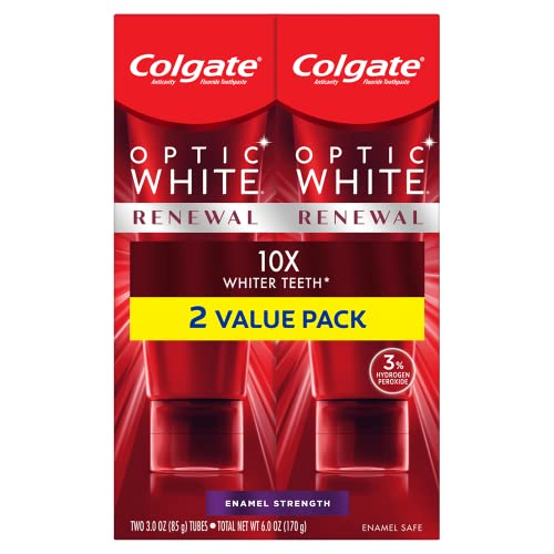 Colgate Optic Renewal Teeth Whitening Toothpaste with Fluoride Hydrogen Peroxide Enamel Strength, White, Wintergreen, 3 Ounce (Pack of 2)