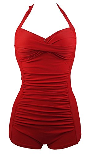 COCOSHIP Solid Red Elegant Retro Boy-Leg One Piece Ruched Maillot Swimsuit 12(FBA)