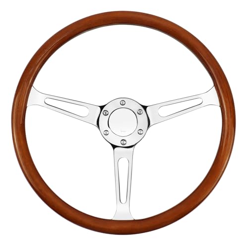 MOTAFAR 15' 6 Bolts Wood Grain Racing Steering Wheel Classic Grant Nostalgia Style with Horn Button Vintage(Mirrored-silver)