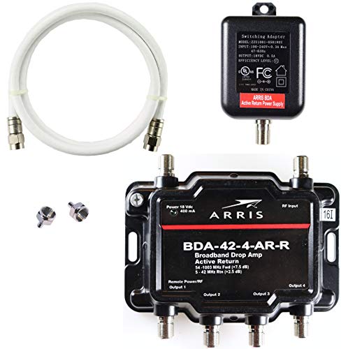 Arris 4-Port Cable, Modem, TV, OTA, Satellite HDTV Amplifier Splitter Signal Booster with Active Return and Coax Cable Kit