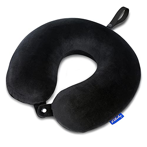Fabuday Memory Foam Travel Pillows for Airplanes - Neck Pillow for Traveling with Attachable Snap Strap Soft Washable Cover, Flight Pillow for Sleeping, Car, Home, Office, Black