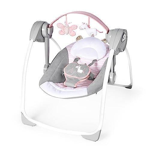 Ingenuity Comfort 2 Go Compact Portable 6-Speed Cushioned Baby Swing with Music, Folds Easy, 0-9 Months 6-20 lbs (Pink Flora the Unicorn)