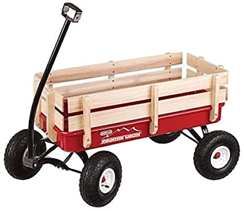 Duncan Toys Mountain Wagon - Pull-Along Wagon for Kids with Wooden Panels, All Terrain Tires, Wide Grip Handle, Wide Wheel Base, Red, 41” x 22” x 38.5”