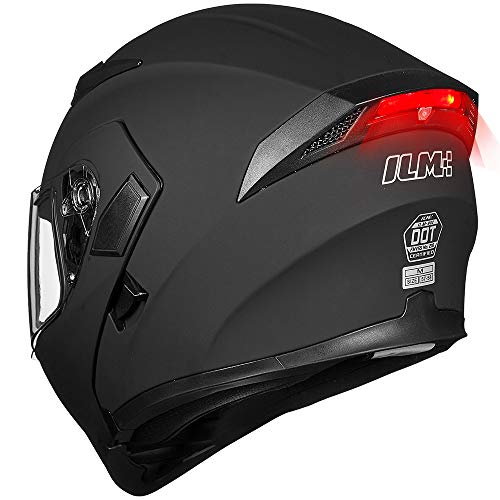ILM Motorcycle Dual Visor Flip up Modular Full Face Helmet DOT LED Light Model 902Ls (L, Matte Black - LED)
