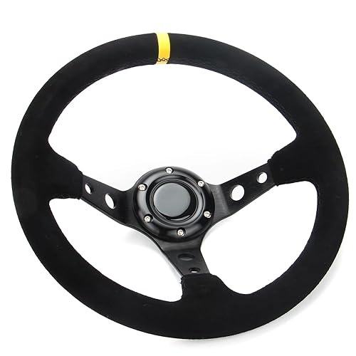 Spaorcco Yellow Stripe Racing Steering Wheel Suede Leather 12.5”320mm Aluminum Spokes Drifting Deep Dish Sports Steering Wheel with Horn Button
