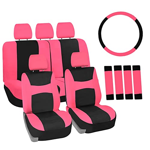 FH Group Full Set Cloth Car Seat Covers, Universal Fit combo, Low Back Front Seat Covers, Airbag Compatible, Split Bench Rear Seat, Washable Seat Cover for SUV, Sedan, Van, Pink