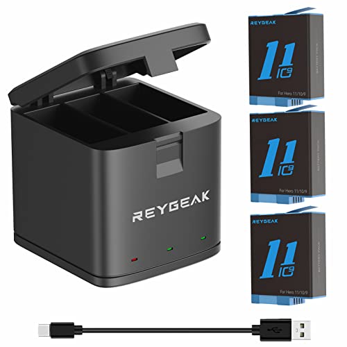 REYGEAK Battery Charger for GoPro Hero 11 / Hero 10 / Hero 9 Black, Portable Charger 3-Channel Battery Charging Storage (Charger + 3 x Batteries)