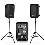 PA Speaker DJ Mixer Bundle - 300 W Portable Wireless Bluetooth Sound System w/ USB SD XLR 1/4' RCA Inputs - Dual Speaker, Mixer, Microphone, Stand, Cable - Home/Outdoor Party - Pyle PPHP28AMX,Black