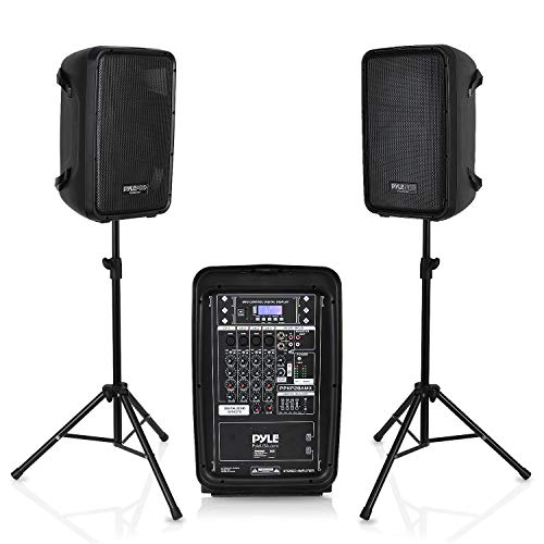 Pyle PA Speaker DJ Mixer Bundle - 300 W Portable Wireless Bluetooth Sound System w/ USB SD XLR 1/4' RCA Inputs - Dual Speaker, Mixer, Microphone, Stand, Cable - Home/Outdoor Party - PPHP28AMX,Black