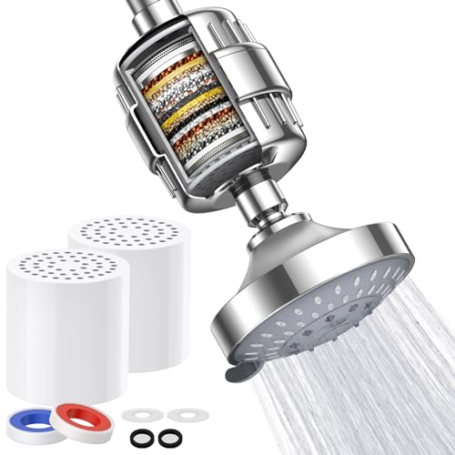 Filtered Shower Head 20 Stage Shower Filter High Pressure Rain Showerhead Filter for Hard Water 5 Spray Settings Water Softener with 2 Replaceable Cartridges Remove Chlorine Chrome Finish
