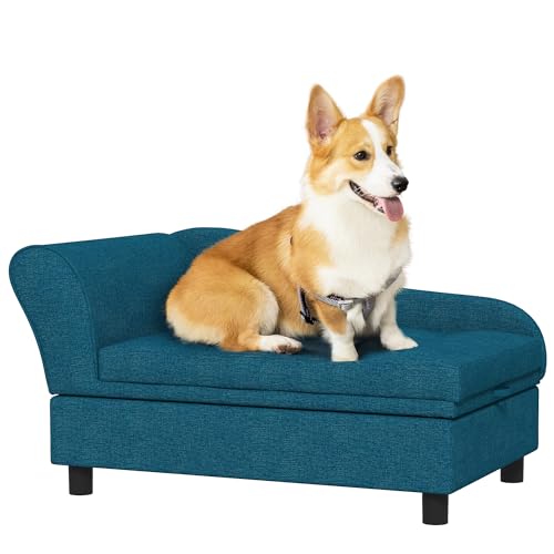 PawHut Pet Sofa, Dog Couch, Elevated Pet Bed for Small and Medium Dogs, with Hidden Storage, Soft Tufted Cushion, Dark Blue