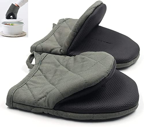 1 Pair Short Oven Mitts, Heat Resistant Silicone Kitchen Mini Oven Mitts for 500 Degrees, Non-Slip Grip Surfaces and Hanging Loop Gloves, Baking Grilling Barbecue Microwave Machine Washable (Gray)