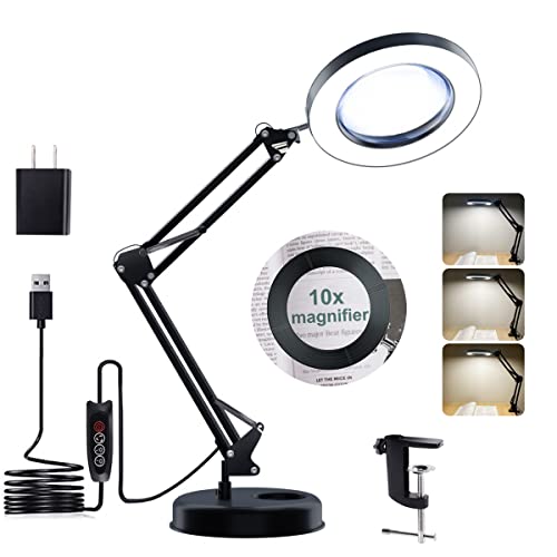 Magnifying Glass with Light and Stand, 10X Magnifying Lamp, 2-in-1 Desk Magnifier with Light, Craft Light Lamp with 3 Color Modes, LED Lighted Magnifier with Light for Close Work Reading Repair Crafts