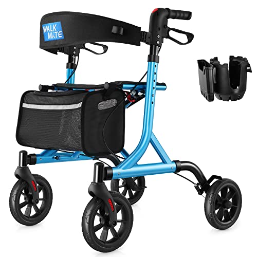 WALK MATE Rollator Walker for Seniors with Cup Holder, Upgraded Thumb Press Button for Height Adjustment, 4 x 8' Wheels Walker with Seat Padded Backrest Folding Lightweight Walking Aid, Blue