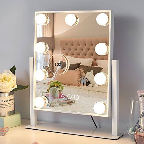 Kotdning Vanity Mirror with Lights,Lighted Vanity Mirror with 9 Dimmable Bulbs for Dressing Room & Bedroom,3 Color Lighting,Modes Detachable 10x Magnification 360°Ratation(White)