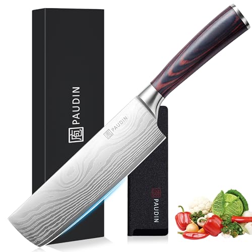 PAUDIN Nakiri Knife - 7' Razor Sharp Meat Cleaver and Vegetable Kitchen Knife, High Carbon Stainless Steel, Multipurpose Asian Chef Knife for Home and Kitchen with Ergonomic Handle