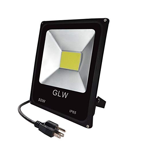 GLW Super Bright 50W Flood Light,Outdoor IP65 Waterproof Security Light,300W Halogen Bulb Equivalent with US 3-Plug,6000K,4500lm,110V Daylight White Wall Light