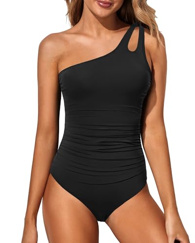 Holipick One Shoulder One Piece Swimsuit for Women Tummy Control Bathing Suits Modest Full Coverage Keyhole Swimwear Black