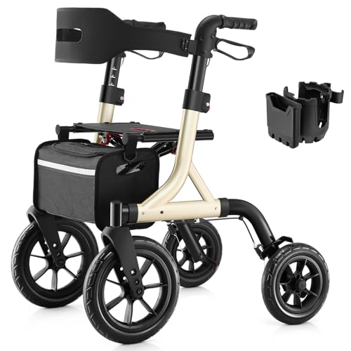 MAXWALK Walkers for Seniors, Rollator Walker with Seat, 12' Big Rubber Wheels All Terrain Rollator Walker with Backrest, Built-in Cable, Cup Holder, Foldable and Height Adjustment for Seniors, Gold