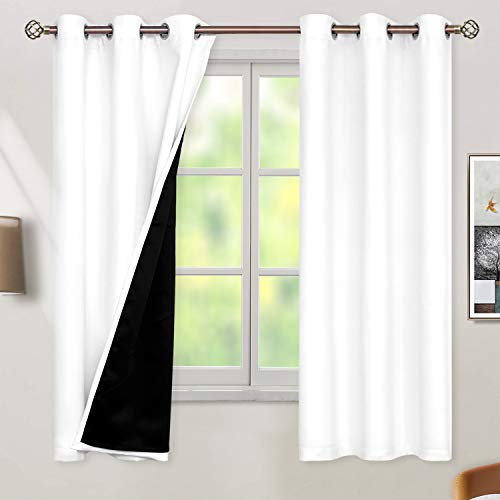 BGment Thermal Insulated 100% Blackout Curtains for Bedroom with Black Liner, Double Layer Full Room Darkening Noise Reducing Grommet Curtain ( 42 x 63 Inch, Pure White, 2 Panels )