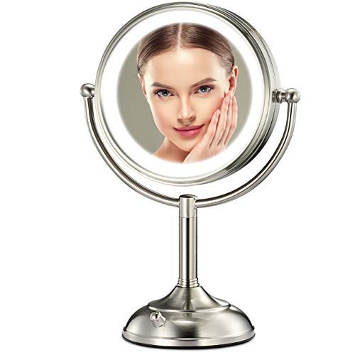 VESAUR Professional 8.5' Large Lighted Makeup Mirror Updated with 3 Color Lights, 1X/10X Magnifying Swivel Vanity Brightness Dimmable Cosmetic Mirror with 48 Premium LED Lights, Senior Pearl Nickel