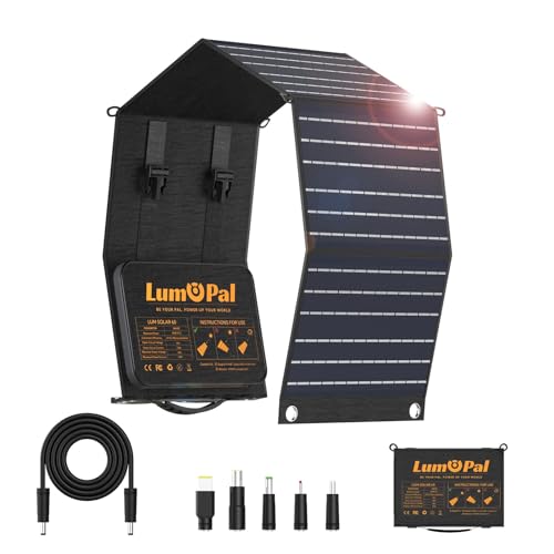 Foldable Solar Panel, LUMOPAL 60W Portable Folding Solar Charger Kit with USB-C PD60W 5V USB-A QC3.0 DC18-20V Ports,IP65 Waterproof for RVCamping Backpacking Compatible with Phone Tablet Power Station