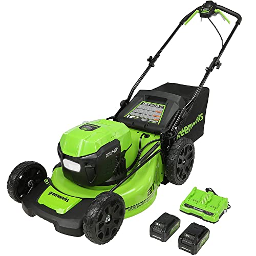 Greenworks 2 x 24V (48V) 21' Brushless Cordless Self-Propelled Lawn Mower, (2) 5.0Ah USB Batteries (USB Hub) and Dual Port Rapid Charger Included