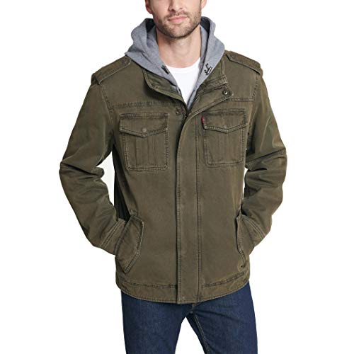 Levi's Men's Washed Cotton Hooded Military Jacket, Olive, Large