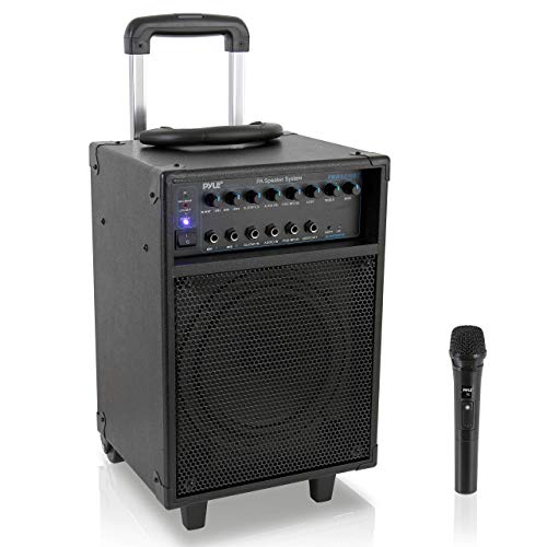 Pyle Wireless Portable PA System-400W Bluetooth Compatible Rechargeable Battery Powered Outdoor Sound Stereo Speaker Microphone Set w/Handle, Wheels-1/4 to AUX, RCA Cable (PWMA230BT)