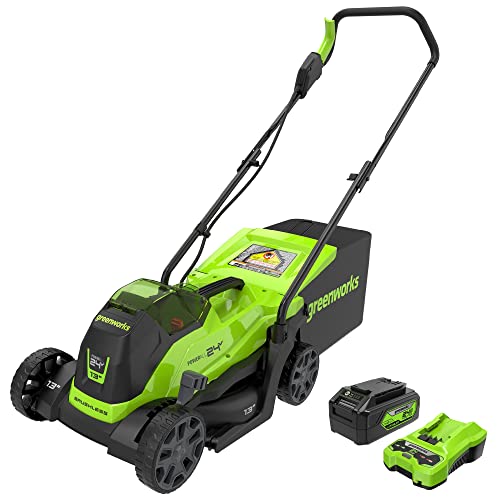 Greenworks 24V 13-Inch Brushless Push Lawn Mower, Cordless Electric Lawn Mower with 4.0Ah USB (Power Bank) Battery and Charger Included