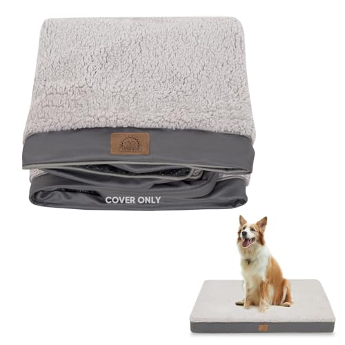 Sunheir Washable Large Dog Bed Covers Soft Plush Replacement, Waterproof Dog Bed Liner, Pet Bed Cover with Zipper 35x22x3 Inches, Grey, Cover Only