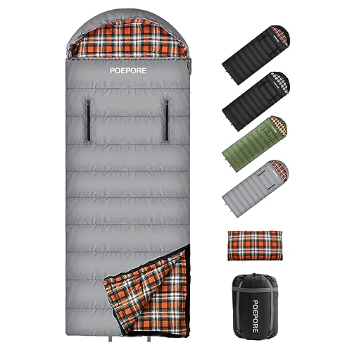 POEPORE Flannel Sleeping Bag with Pillow Lightweight Warm Weather 3-4 Seasons for Adults XL Wearable Sleeping Bag Waterproof with Compression Sack Grey