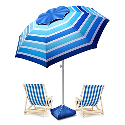 8FT Large Beach Umbrella Level 7 Wind Resistance Design, Sand Anchor, Sand Bag, Portable Outdoor Umbrella with UPF50+ UV Protection, Tilt Sun Shelter, Windproof Umbrella for Beach, Patio, Yard
