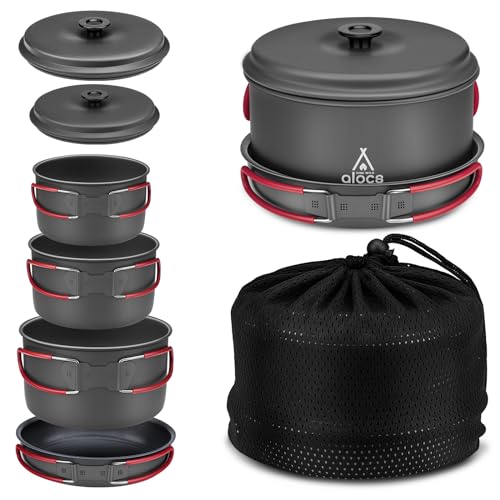 Alocs Camping Cookware Set Camping Gear, Compact Camping Pots and Pans Set, Durable Hard Alumina Camping Cooking Set for Outdoor Backpacking Camping Hiking Picnic, Included Mesh Carry Bag.
