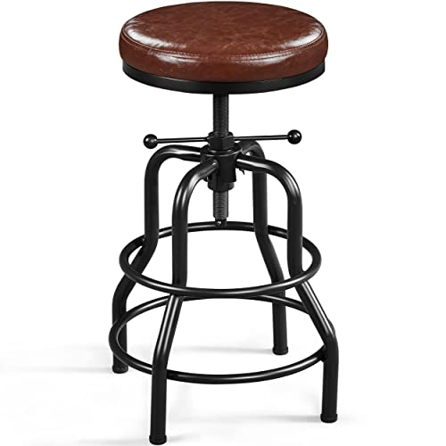 Yaheetech Industrial Bar Stool Vintage Counter Height Stool with Round Faux Leather Seat Metal Stool Adjustable Kitchen Stool 21.5-28 Inch Tall Brown, 1PCS