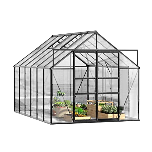 Vilobos Outdoor Greenhouse, 8'x12' Walk-in Greenhouse for Outside, Polycarbonate Aluminum Heavy Duty Greenhouse Kit with 2 Sliding Doors, 2 Vent Windows, Rain Gutter for Backyard Use in Winter, Black