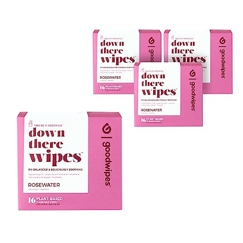Goodwipes Down There Feminine Hygiene Wipes – Soothing, Cleansing, Flushable Wipes for Period, Pre & Post Intimacy – pH Balanced – Travel Essentials – Rosewater, 64 Individually Wrapped Wipes