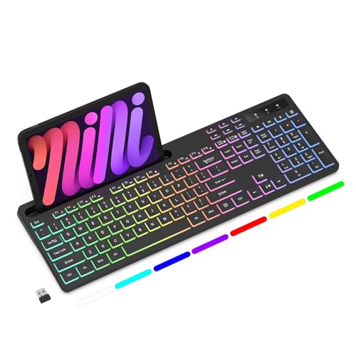 Soueto Wireless Keyboard with 7-Color Backlit, Full-Size Computer Keyboard with Phone Tablet Holder, Rechargeable 2.4G Wireless Gaming Keyboard with Light Up Key, Compatible with Mac, Window