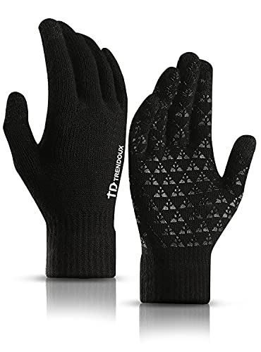 TRENDOUX Winter Gloves, Knit Touch Screen Glove Men Women Texting Smartphone Driving - Anti-Slip - Elastic Cuff - Thermal Soft Upgraded Lining - Hands Warm in Cold Weather - Black - M