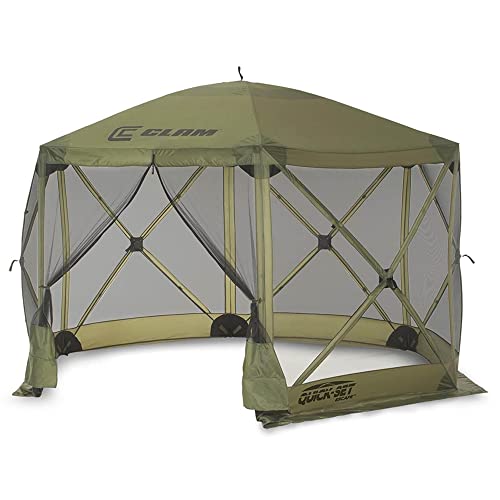 CLAM Quick-Set Escape 11.5 x 11.5 Foot Portable Pop-Up Outdoor Camping Gazebo Screen Tent 6-Sided Canopy Shelter with Ground Stakes & Carry Bag, Green