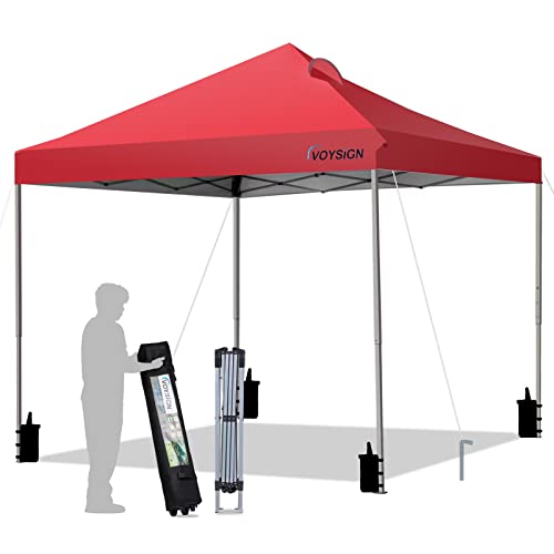 VOYSIGN 10x10ft Pop Up Canopy Tent 1-Person Setup Outdoor Instant Sun Shelter Straight Legs with Wheeled Carry Case, Weights Bags, Stakes - Red